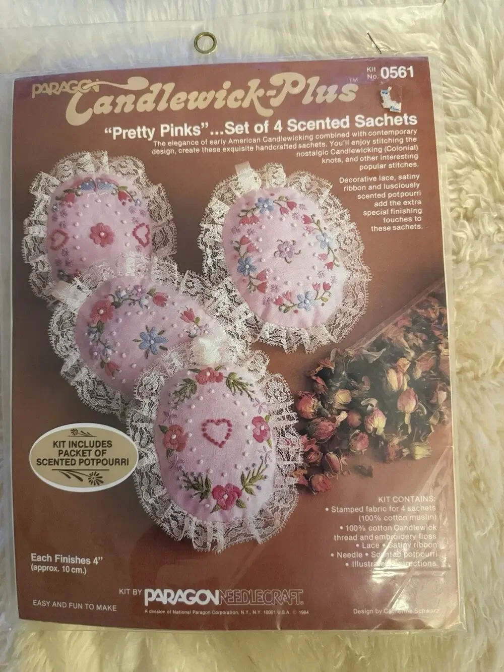 Paragon Candlewick-Plus Pretty Pinks Sachets Set Of 4 Embroidery Kit 0561 Sealed